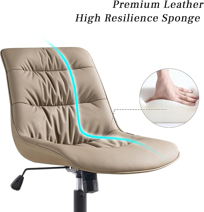 Kidol & Shellder Faux Leather Office Chair, Adjustable Swivel Height Task Chair, Rolling Wheels & Soft Backrest - Armless Ergonomic Desk Chair for Home, Office,Vanity,Gaming(Khaki)