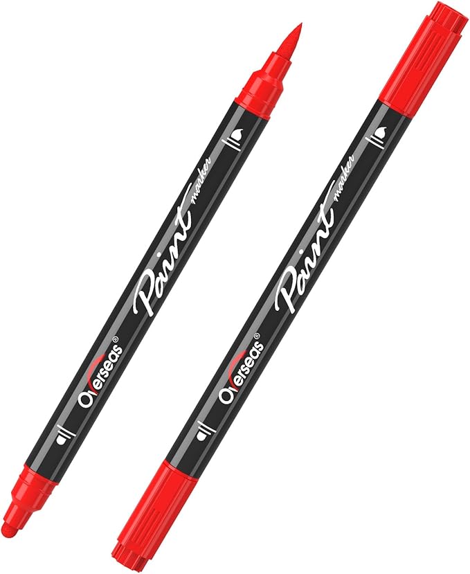 Overseas Red Acrylic Paint Markers, 2 Pack Dual Tip Paint Pens Acrylic Markers with Dot and Brush Tip, Coloring Marker for Wood, Rock, Canvas, Glass, Metal, Ceramic, Plastic, Fabric, School Supplies