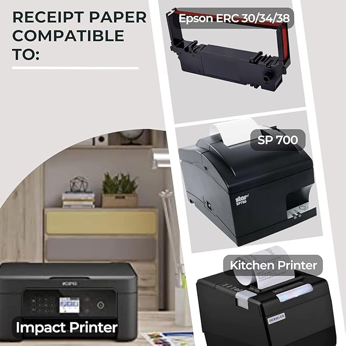 1Ply Bond Receipt Paper Rolls 3 x 150 White Paper for Kitchen Impact Printers TMU200 SRP275 Star SP700 Suitable For Printing Kitchen Tickets and Order receipts 24 Rolls Per Case