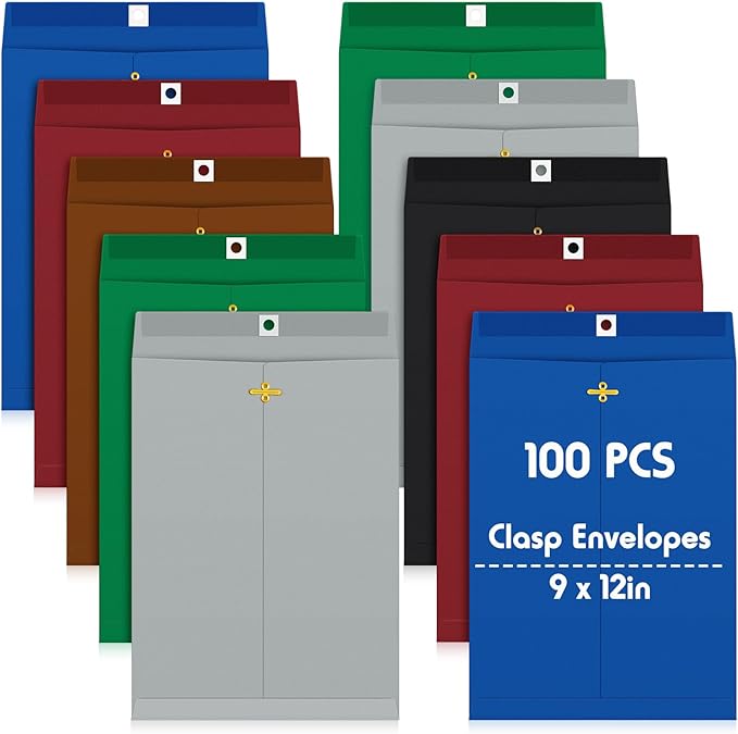 Geyee 100 Pcs Clasp Manilla Envelopes 9 x 12 Inch Gummed Colored Envelopes for Storing or Mailing for Home Office Business Supplies(Retro Color)