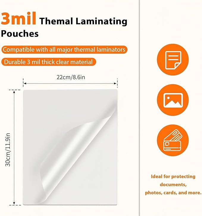 Laminating Sheets 100 Pack, 3 Mil Clear A4 Thermal Laminate Pouches, 8.7 x 11.9-inch Lamination Sheet, Laminator Plastic Paper Hold 8.5 x 11 inch, Suitable for Paper/Photo/Card/Notecard