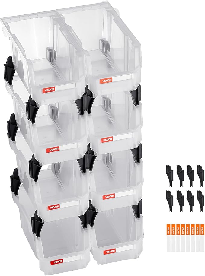VEVOR Plastic Stackable Storage Bins, 10.9 x 5.5 x 5.1 inch (8 Pack), Plastic Containers for Organizing & Storage Bins for Closet, Garage, Small Parts, Office Supplies, Other Accessories, Transparent