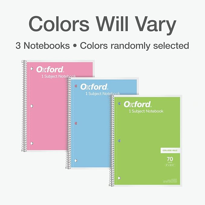 Oxford Spiral Notebooks, 3 Pack, 1 Subject, College Ruled Notebooks for School, 8 x 10.5 Inches, 70 Sheets, Assorted Pastel Colors, Back to School Supplies (1002540)