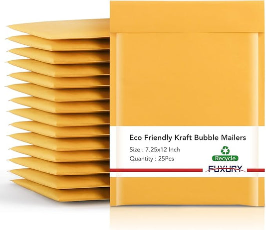 Fuxury Kraft Bubble Mailer 7.25x12 Inch 25 Pack,CD DVD Mailers,Strong Adhesion Padded Envelopes,Self Seal Bubble Envelope, Waterproof Cushioned Shipping Packaging for Small Business