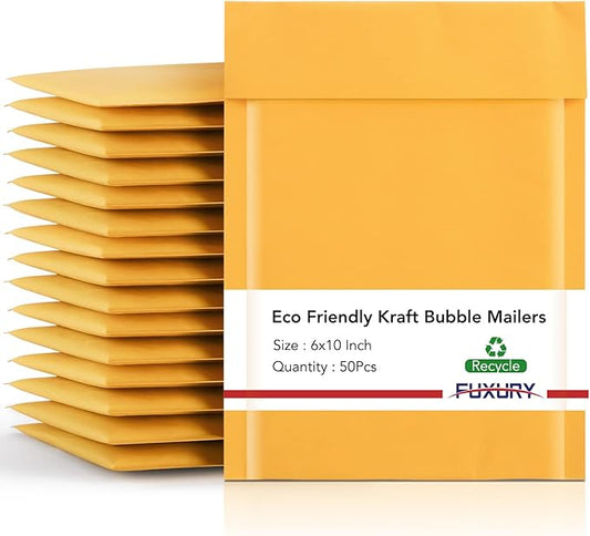 Fuxury Kraft Bubble Mailer 6x10 Inch 50 Pack,Strong Adhesion Padded Envelopes,Self Seal Bubble Envelopes, Waterproof Cushioned Bubble Mailers Packaging for Small Business,Bulk #0 Mailers Yellow