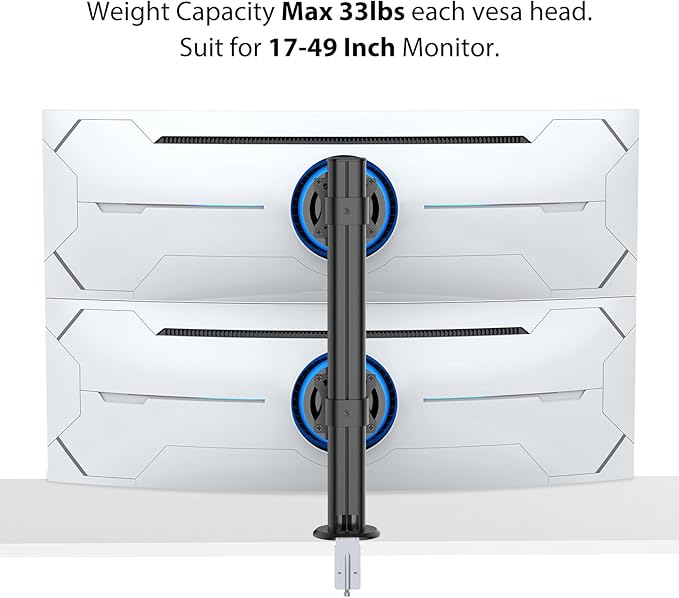 BEWISER Dual Monitor Stand Desk Mount- Vertical Heavy Duty Monitor Riser Fits Two 17 to 49 Inch Screen with Swivel, Tilt, Height Adjustable,weight capacity up to 33 lbs,BL200-B