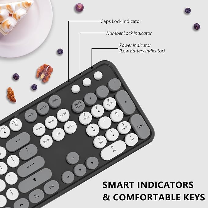 Wireless Keyboard and Mouse, KOOTOP Cute Keyboard and Mouse, 2.4G Wireless Keyboard with Retro Round Keycap for PC, Mac, Laptop,Tablet,Computer Windows (Grey)