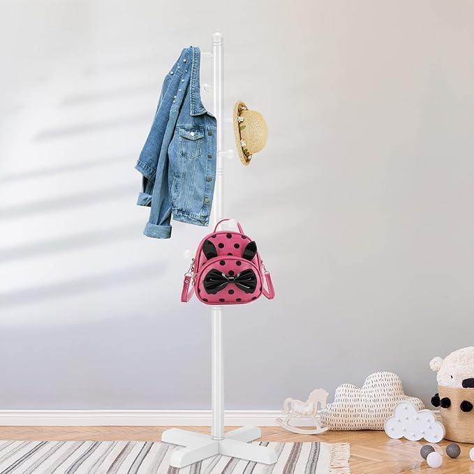 Kids Coat Rack, Freestanding Coat Racks with 8 Hooks 2 Adjustable Height, Tree Coat Rack for Bedroom, Hallway, Entrance, Office, Hats, Handbags,Purse (White)