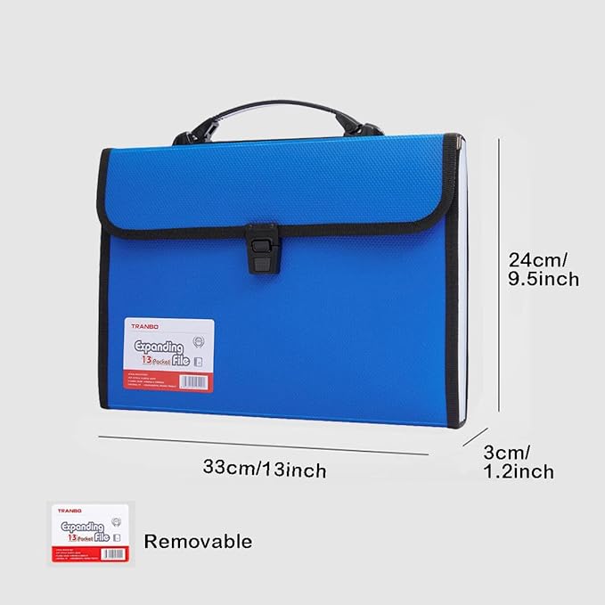 12 Pockets Letter Size/A4 Accordion File Organizer with Handle, TRANBO Expanding File Folder, Portable Paper Organizer, Expandable Plastic Document Organizer for Travel School Office - Blue