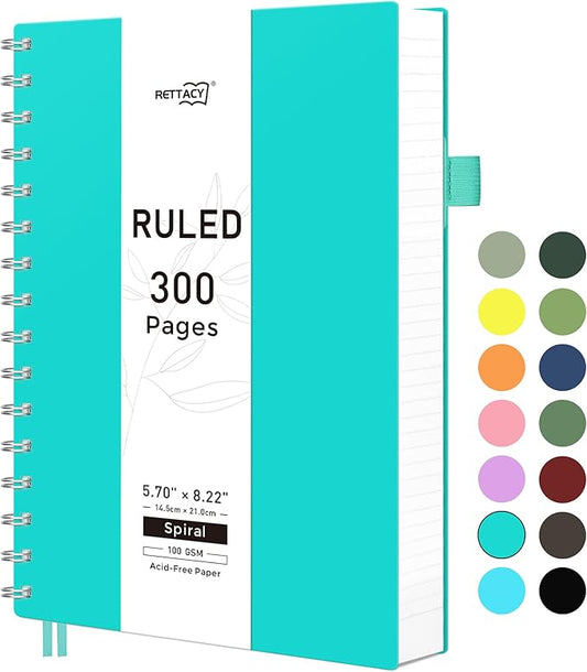 RETTACY Spiral College Ruled Notebook, 300 Pages, A5 Medium Size (5.7" x 8.2"), for School, Work, Writing, Journaling, 100 GSM Thick Paper, Flexible Plastic Cover (Tiffani Blue)