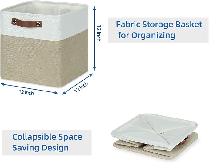 Temary Fabric Storage Baskets 12x12 Cube Bins 4 Pack Cloth Baskets for Shelf, Storage Cubes Bins Gift Empty (White&Khaki)