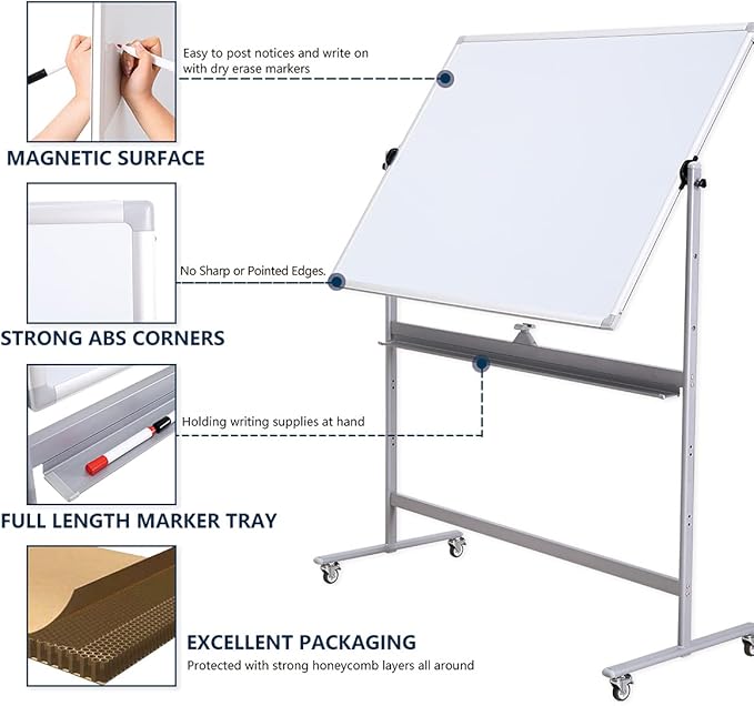 72" x 40" Height-Adjustable Mobile Whiteboard | Double-Sided Magnetic Dry Erase Board on 360° Rolling Stand | Large Reversible Whiteboard for Office, Classroom & Home, Silver