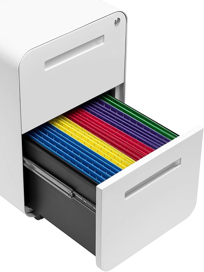 Laura Davidson Furniture Stockpile 2 Drawer Mobile File Cabinet with Lock - Under Desk Metal Filing Cabinet, Legal/Letter File Folders, Wheels and Stationary Feet, Pre-Assembled, White