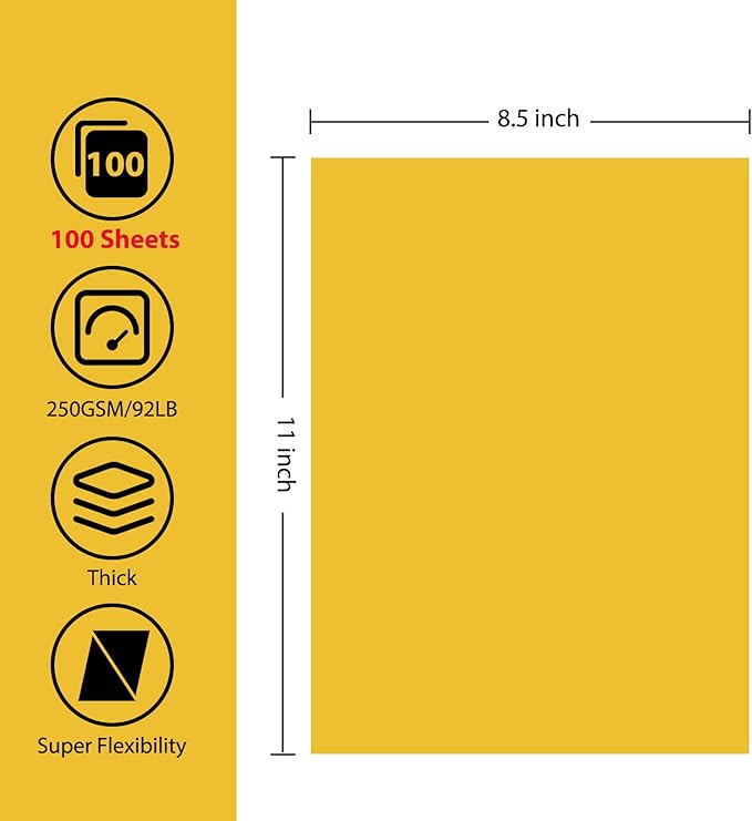OcePor 100 Sheets Yellow Cardstock Paper, Colored Printer Paper 8.5 x 11, Card Stock Thick Construction for Craft,Scrapbook,Office Printing, Invitations, Certificates,92 lb/250gsm