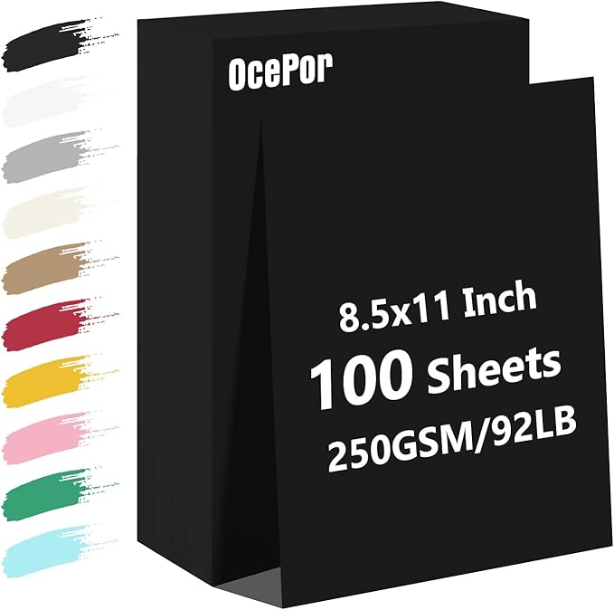 OcePor 100 Sheets Black Cardstock Paper, Colored Printer Paper 8.5 x 11, Card Stock Thick Construction for Craft,Scrapbook,Office Printing, Invitations, Certificates,92 lb/250gsm