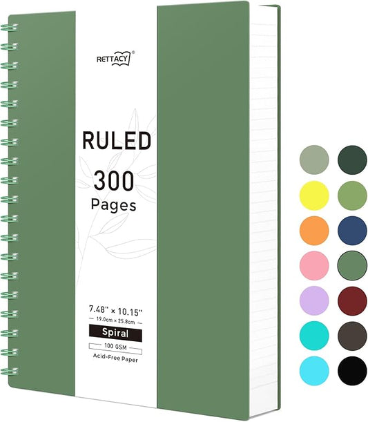 RETTACY Spiral College Ruled Notebook, 300 Pages, B5 Medium Size (7.4" x 10"), for School, Work, Writing, Journaling, 100 GSM Thick Paper, Flexible Plastic Cover (Dark Green)