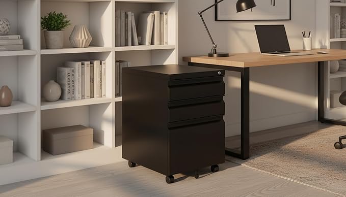 Black Metal 3-Drawer Mobile File Cabinet with Lock, Letter/Legal/A4 Filing Drawer, Rolling Office Storage with 5 Casters, Fits Under Desk, 15.35" W x 17.71" D x 23.62" H