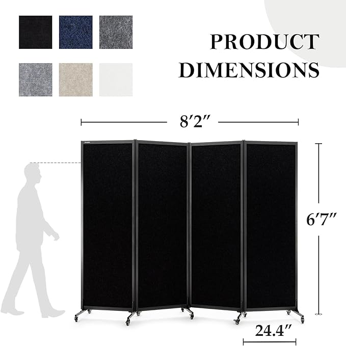 Upgrade Version Room Partition and Divider, Freestanding Rolling Dividers with Wheels,Office Privacy Screen Divider Wall,Classroom Felt Dividers,8'2"L* 6'7"H,4 Panel,Black