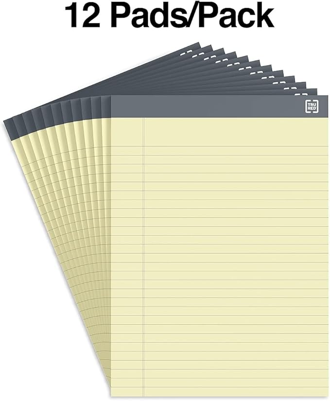 TRU RED Staples Notepads, 8.5" x 11.75", Wide Ruled, Canary, 50 Sheets/Pad, 12 Pads/Pack (TR57366)