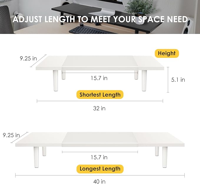 Dual-Monitor-Stand-Riser-For-Desk Adjustable Length 32-40 Inch,Large Desktop Computer Monitor Riser For 2 Screens,Desk Shelf Organizer Riser Stand For Computer/Laptop/PC/Printer/TV White