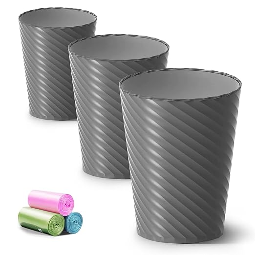 Bathroom Trash Can, 3 Pack 1.8 Gallons Small Trash Can with Trash Bags, Bathroom Garbage Can, Plastic Trash Bin, Round Waste Basket for Bath,Bedroom, Office, Kitchen, Room, Compact Space (Grey)