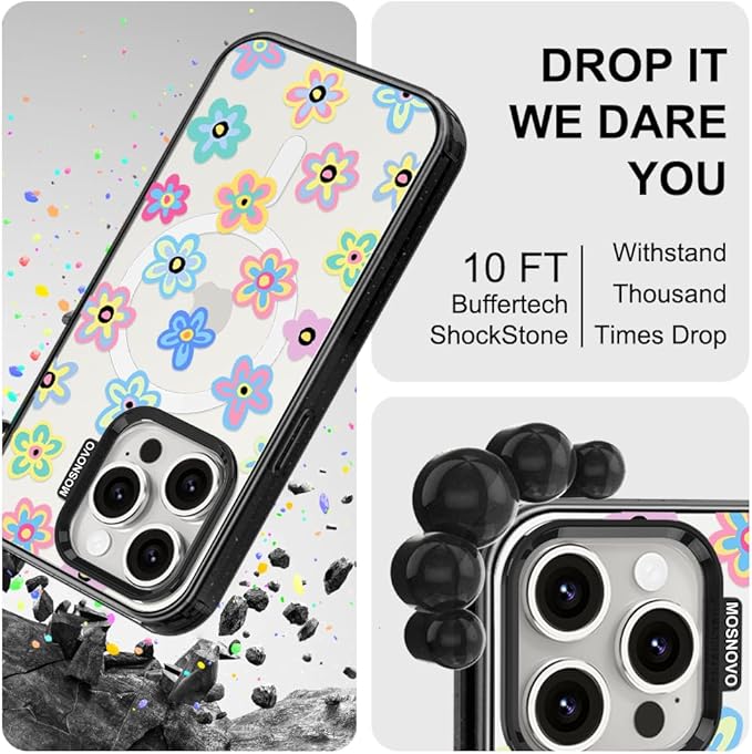 MOSNOVO Magnetic Case for iPhone 15 Pro, 10ft Military-Grade Protection, Compatible with Magsafe, Shockproof Phone Case for iPhone 15 Pro - Groovy Flower - Clear Black