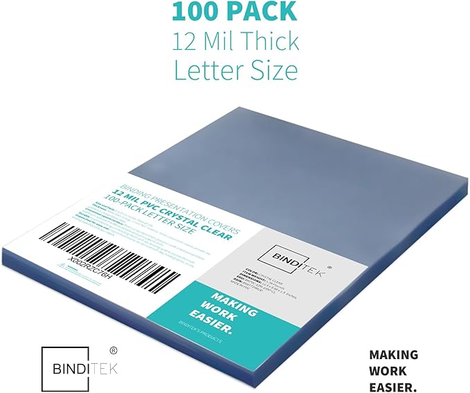 Binditek 100 Pack 12 Mil PVC Plastic Binding Covers, 8.5 x 11 Inches, Letter Size, Square Corners, Un-Punched, Office Supplies