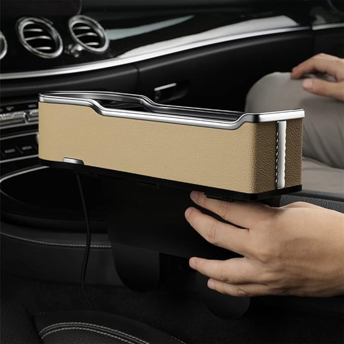 DEEYOTA a Gap Filler Organizer with Cup Holder, Car Seat Organizer Auto Console Side Storage Box Organizer for Car Front Seat (Beige)