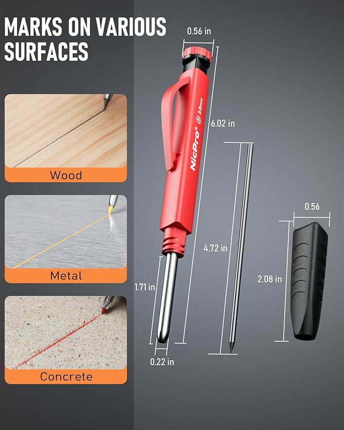 Nicpro 3 Pack Carpenter Pencil Set with Sharpener & Finger Grip, Mechanical Woodworking Pencils with 39 Refills (Red, Black, Yellow), Deep Hole Marker Heavy Duty Construction Pencils - With Case