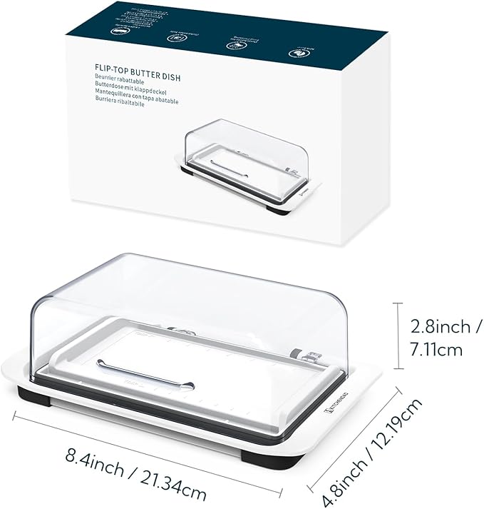 KITCHENDAO Airtight Flip-Top Butter Dish with Lid for Countertop and Refrigerator, Butter Keeper, Plastic Butter Holder Tray for 2 Sticks East Coast/West Coast/European Style/ Kerrygold Butter