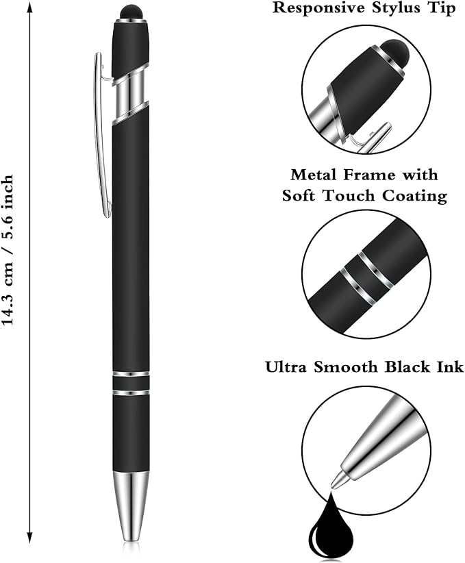 12 Pieces Ballpoint Pen with Stylus Tip, 1.0 mm Black Ink Metal Pen Stylus Pen for Touch Screens, 2 in 1 Stylus Ballpoint Pen (Black)