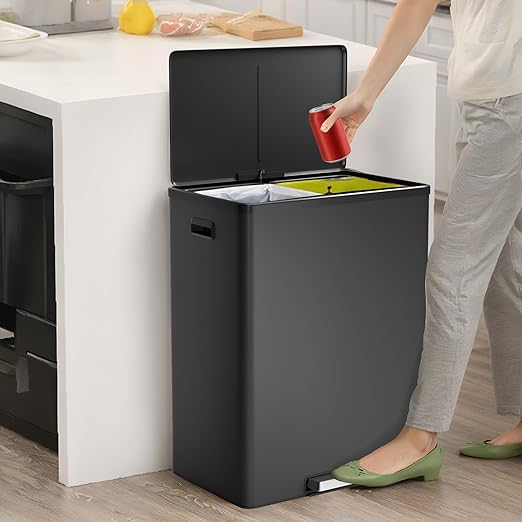 Dual Trash Can with Lid, 16 Gallon/60L Stainless Steel Recycling Trash Bin with 2 Removable Waste Buskets and Wide Pedal, Black Garbage Bin for Home Kitchen
