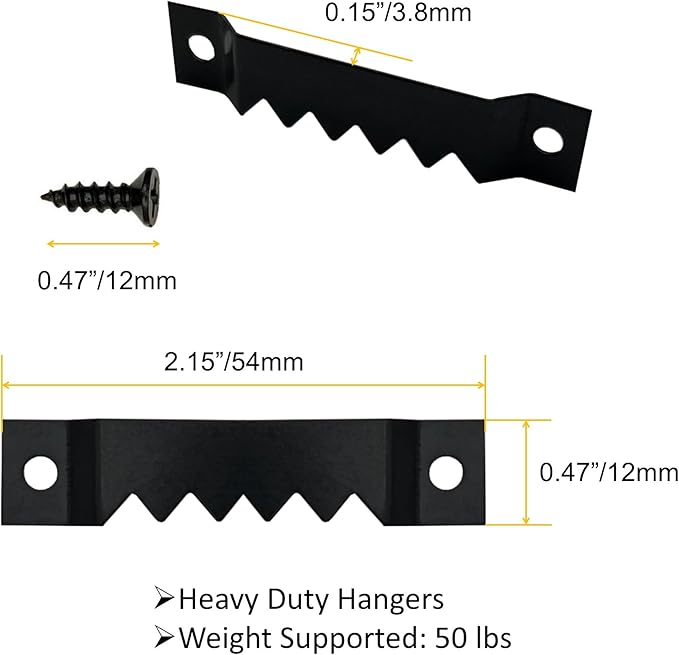50 Pack Large Heavy Sawtooth Picture Hangers Steel Picture Hangers with Screws Picture Hang Solutions, for Hanging Clock Paintings Artwork Picture Frame Hook Photos (Black,Supports 50 lbs)