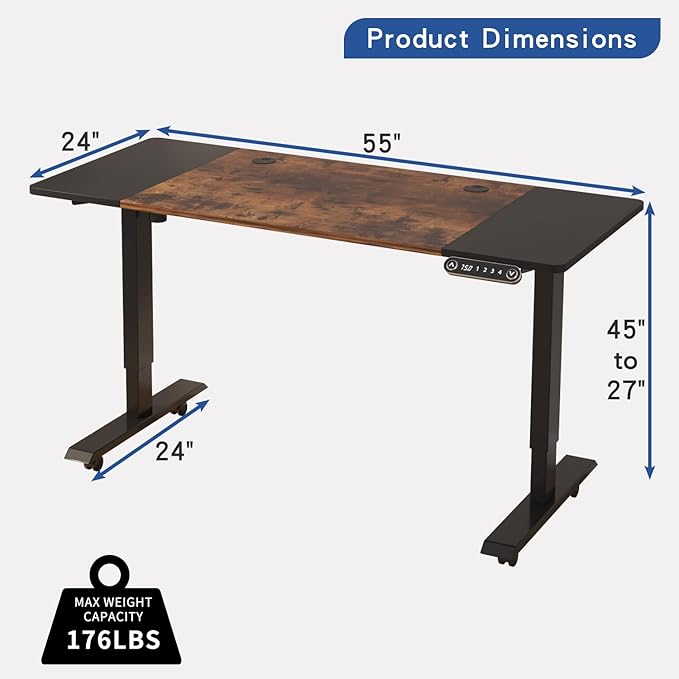 Electric Adjustable Height Standing Desk, 55 x 24 inches Sit - Stand Desk for Work or Home Office 4 Preset Heights Easy to Set, Rustic Brown + Black Splice Board/Black Frame
