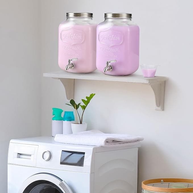 2 Gallon Glass Beverage Dispenser, 18/8 Stainless Steel Spigot and Lid - Glass Drink Dispensers for Parties - Mason Jar Drink Dispensers with Lids - Laundry Detergent Holder