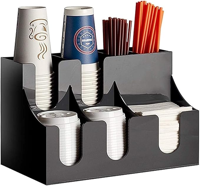 Professional Coffee Condiment Organizer - 7 Compartment Acrylic & Bamboo Holder for Office, Home, Café, Breakroom - Sleek Design, Easy Access, Perfect for Coffee Stations