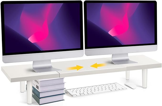 Dual-Monitor-Stand-Riser-For-Desk Adjustable Length 32-40 Inch,Large Desktop Computer Monitor Riser For 2 Screens,Desk Shelf Organizer Riser Stand For Computer/Laptop/PC/Printer/TV White