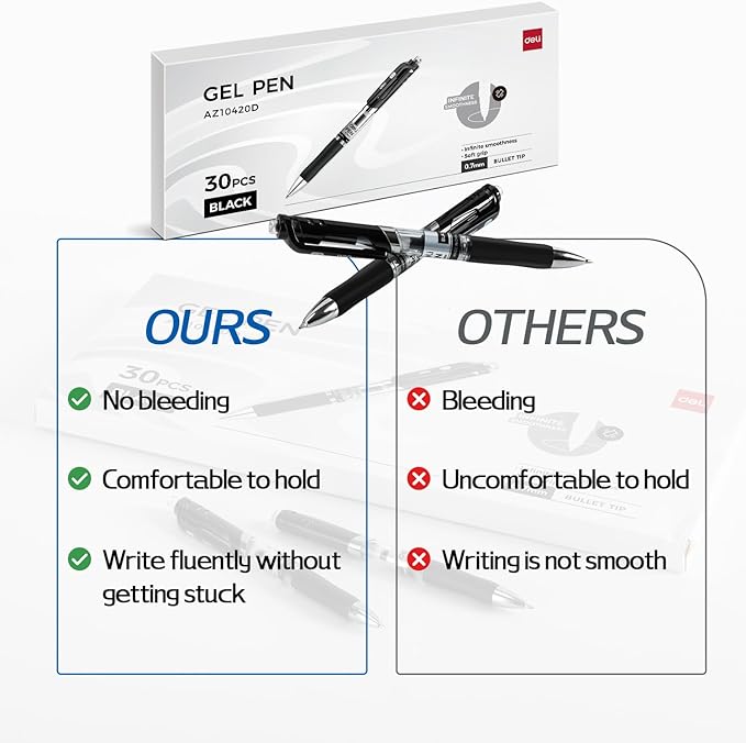 deli Gel Pens, 30 Pcs Retractable Pens Black Ink, Medium Point Pen Bulk 0.7mm, Smooth Writing, Fast Dry, No Bleed for Journaling Note Taking, Home School Office Supplies