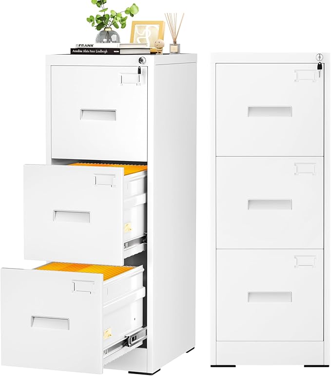 INTERGREAT 3 Drawers File Cabinet with Lock, 18" D Metal White Vertical Filing Cabinet for Hanging Folders, Easy Assemble