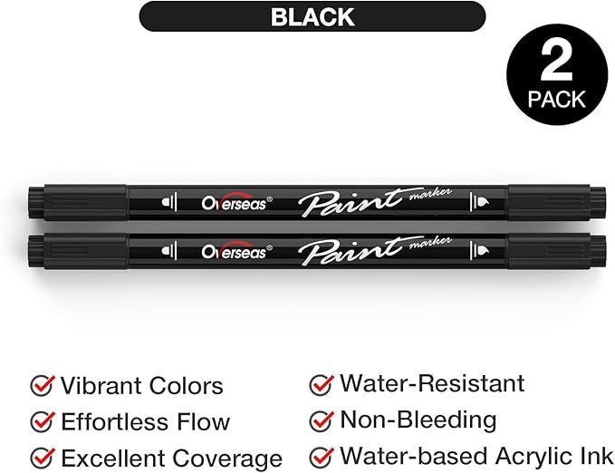 Overseas Black Acrylic Paint Markers, 2 Pack Dual Tip Paint Pens Acrylic Markers with Dot and Brush Tip, Coloring Marker for Wood, Rock, Canvas, Glass, Metal, Ceramic, Plastic, Fabric, School Supplies