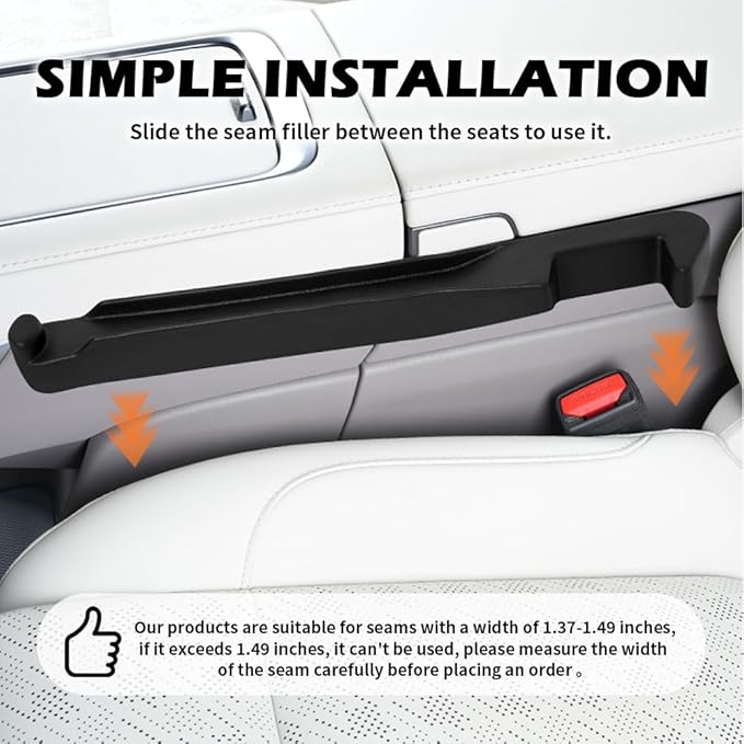 2PCS Car Seat Gap Filler Organizer,3 in 1 Car Seat Side Gap Filler with Hook for Avoiding Dropped Items,Universal No Drop Seats Guard for Filling Gaps 1.37-1.49 Inch Wide (Black)