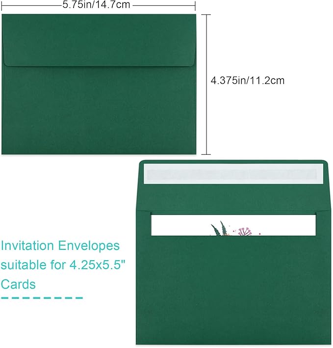70 Pack A2 Dark Green Envelopes - Self Seal for Photos, Invitations, Greeting Cards & 4.5x5.5 Cards