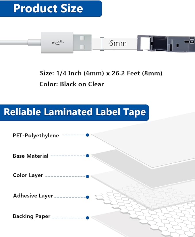 3-Pack TZe-111 Tape Compatible for Label Maker Tape Clear 6mm 0.23 Inch Label Tape TZe111 TZ-111 Black on Clear Refills for P Touch PT-H110 D220 D200 D210 H103W 1280 1290