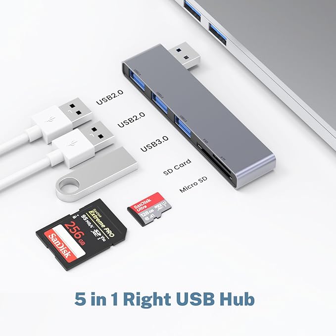 Fidioto USB A Hub, Left Model 5-in-1 Network-Hubs with 1 USB3.0 &2 USB2.0 & Micro SD/TF Card Reader, Compatible for Laptop MacBook, Chromebook, Dell, HP, Samsung, Keyboard, Mouse Etc.
