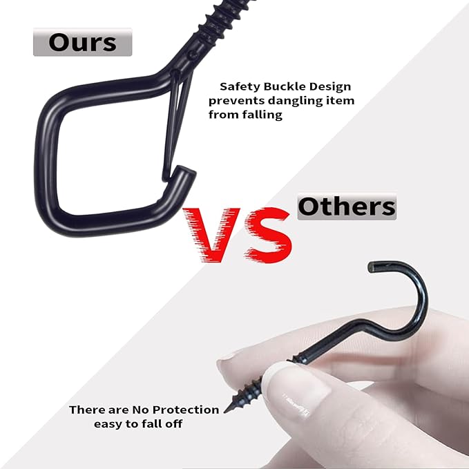 100 PCS Black Eye Screw Hooks for Hanging Heavy Duty with Safety Buckle.Metal Ceiling Hooks for Hanging Plants Cup Wind Chime Bird Feeders Patio Lights at Indoor&Outdoor