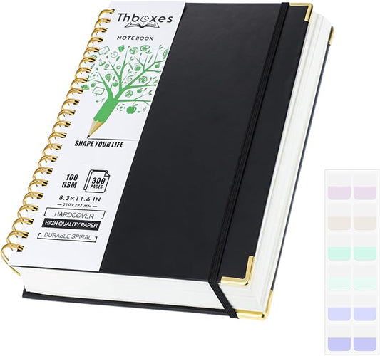 Spiral Notebook 8.3” x 11.6”, 300 Pages/150 Sheets College Ruled Notebook A4 Journaling Notebook with Index Sticker, Back Pocket, Elastic Band for Work Business School Note Taking, Black
