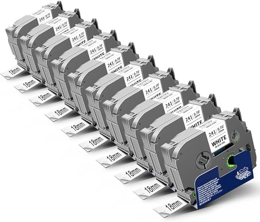 10-Pack Tz 18mm 0.7" Laminated White Tape Compatible for Brother Tze-241 Tze241 Tz-241 Tz241 P Touch Tze 18mm 3/4" Label Tape for PTD410 PTD400 PTD610BT PTD600 PTD460 Label Maker