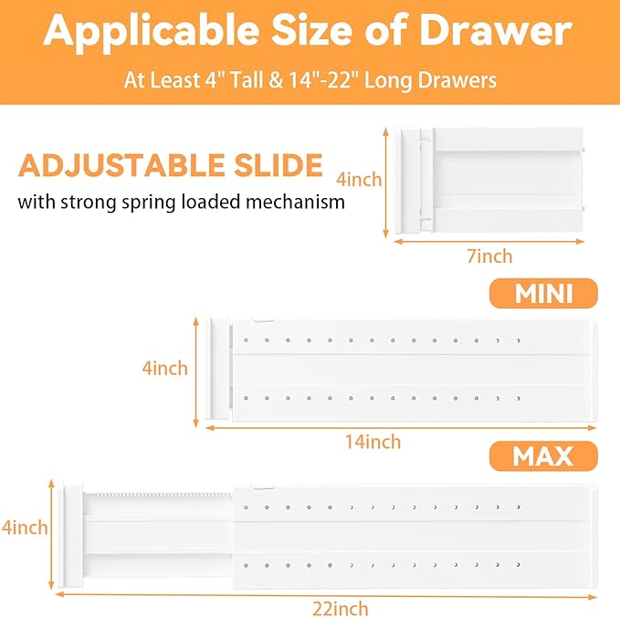 REBECAT 12 Pack Drawer Dividers for Clothes Adjustable 4" High Expandable from 15"-21" Drawer Dividers for Dresser Baby Clothes Bathroom,Bedroom Kitchen and Office Storage,White