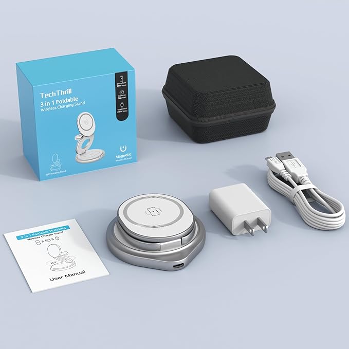 3 in 1 Charging Station for Apple Magsafe Travel Charger for Multiple Devices Aluminum Foldable Magnetic Wireless Charger with 360 Rotating for iPhone 17/16/15/14/13/12 Series,for iWatch,for Airpods