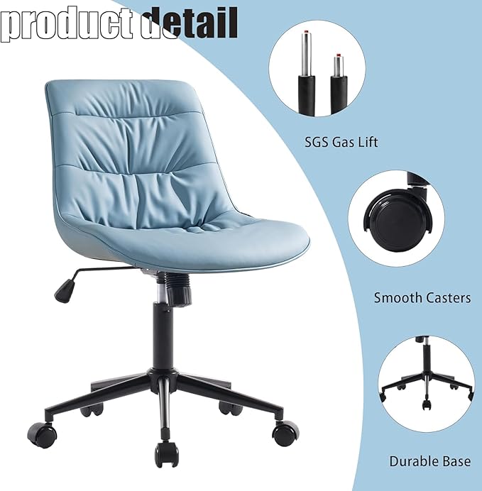 Kidol & Shellder Faux Leather Office Chair, Adjustable Swivel Height Task Chair, Rolling Wheels & Soft Backrest - Armless Ergonomic Desk Chair for Home, Office,Vanity,Gaming(Blue)